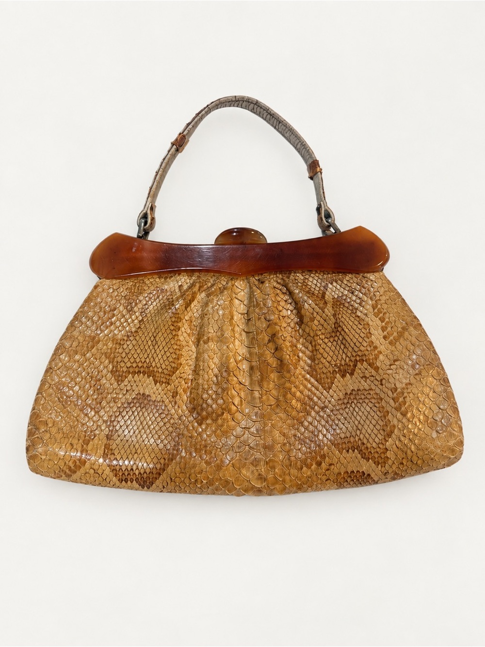 Vintage 1950s Genuine Python Snakeskin Handbag – Tortoiseshell Lucite Frame